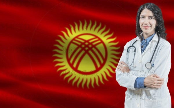 Kyrgyz medicine and healthcare concept. Close up of doctor against Kyrgyzstan flag background