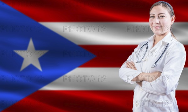 Female doctor on Puerto Rico flag. Doctor with crossed arms on Puerto Rico flag. Puerto Rican health and care concept