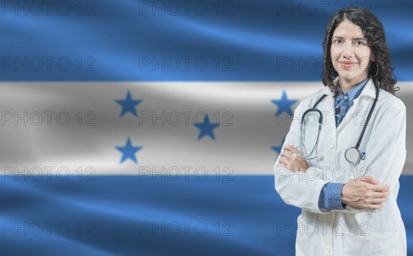 Honduran medicine and healthcare concept. Close up of doctor against Honduras flag background