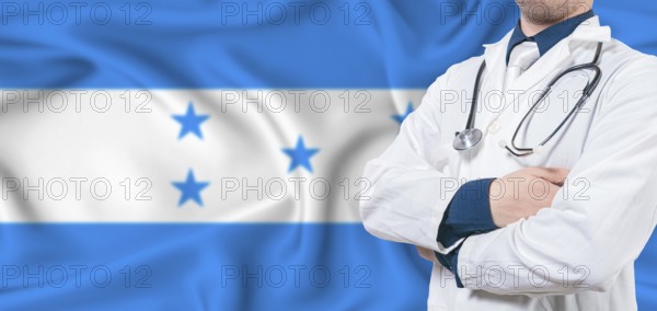 Honduras healthcare concept. Male doctor on Honduras flag. Doctor with crossed arms on Honduras flag