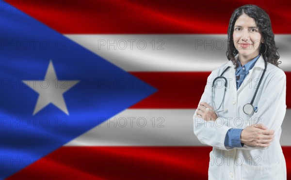 Puerto Rican medicine and healthcare concept. Close up of doctor against Puerto Rico flag background