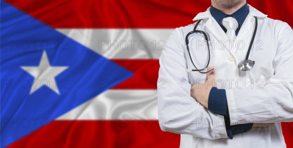 Male doctor with stethoscope on Puerto Rico flag. Doctor holding stethoscope on Puerto Rico flag