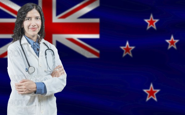 New Zealander medicine and healthcare concept. Close up of doctor against New Zealand flag background