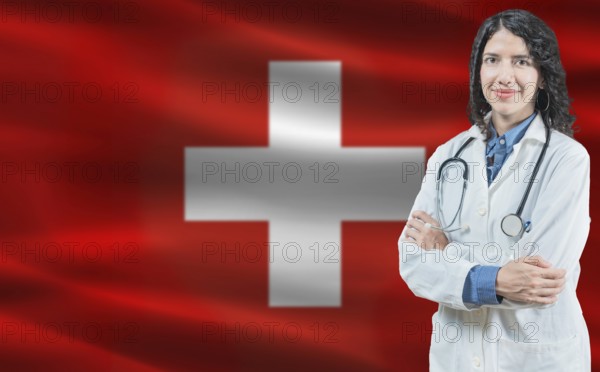 Swiss medicine and healthcare concept. Close up of doctor against Switzerland flag background