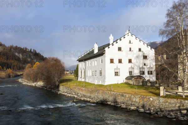 Chesa Merleda, House, Inn, Railway, Rhaetian Railway (RhB, Autumn, La Punt Chamue, Engadin, Graubünden, Switzerland