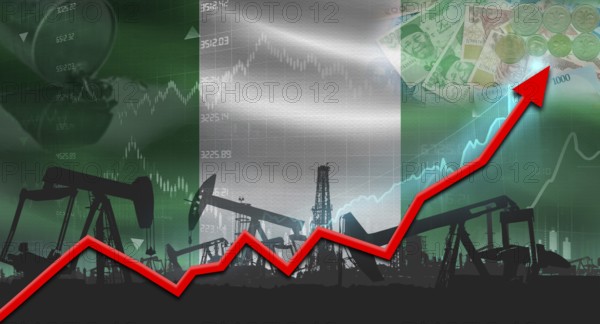 Growth of oil industry with Nigerian flag. Oil pumps with Nigerian flag. Oil production with Nigeria flag