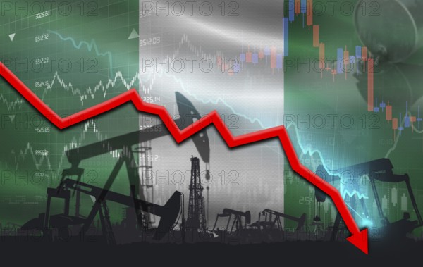 Crude crisis with Nigerian flag on financial graph. Fall oil price with flag of Nigeria on economic chart
