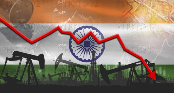 Fall oil price with India flag on economic chart. Petrol crisis with India flag on financial graph