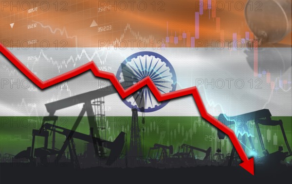 Crude crisis with Indian flag on financial graph. Fall oil price with flag of India on economic chart