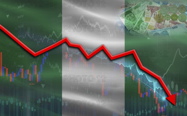 Nigeria financial fall on economy market. Nigeria financial crisis on economic graph