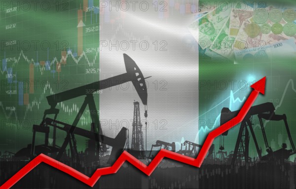 Oil production with Nigeria flag, petrol industry. Oil pumps with Nigerian flag