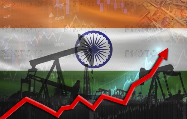 Oil production with India flag, petrol industry. Oil pumps with Indian flag