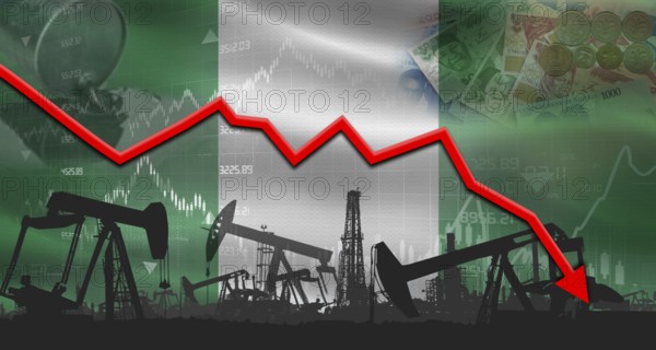 Fall oil price with Nigerianflag on economic chart, Petrol crisis with Nigerian flag on financial graph