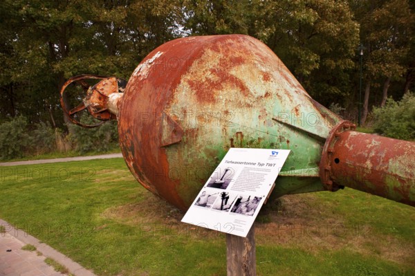 Deep water barrel, recovered from the seabed in 2004, exhibited at the Schinkel Tower with registry office, Cape Arkona, Wittow peninsula, Putgarten, Rügen island, Mecklenburg-Western Pomerania, Germany