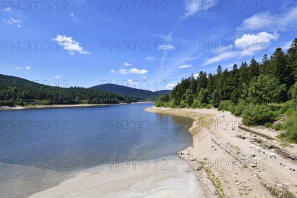 Beautiful mountain lake in the Black Forest in Forbach in Germany called Schwarzenbach Reservoir surrounded by forested hills under a clear sky