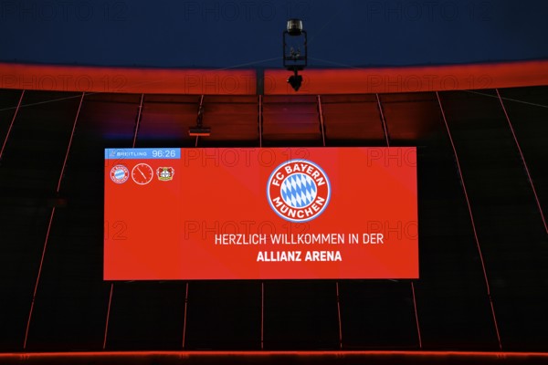 Scoreboard WELCOME Welcome Logo FC Bayern Munich FCB Allianz Arena, Munich, Bayern, Germany