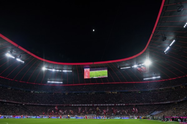Overview, total, evening game, floodlight, night view, moon, goal, scoreboard, Allianz Arena, Munich, Bayern, Germany