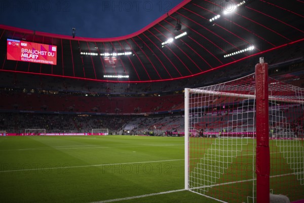 Overview, total, evening game, floodlights, goal, scoreboard, grandstand, blue hour, Allianz Arena, Munich, Bayern, Germany