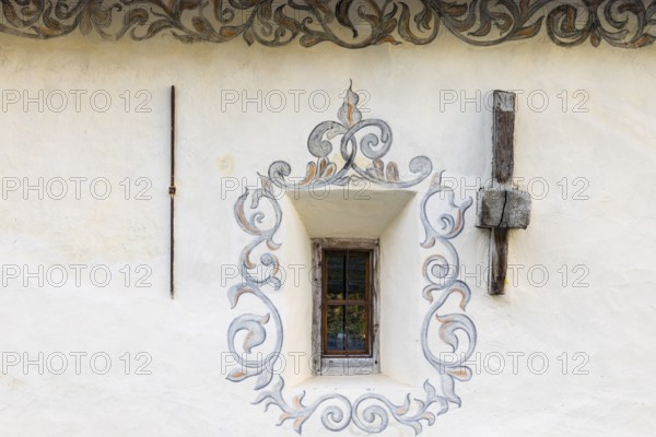 Window, Engadin house with sgraffiti, historic houses, Guarda, Engadin, Graubünden, Switzerland