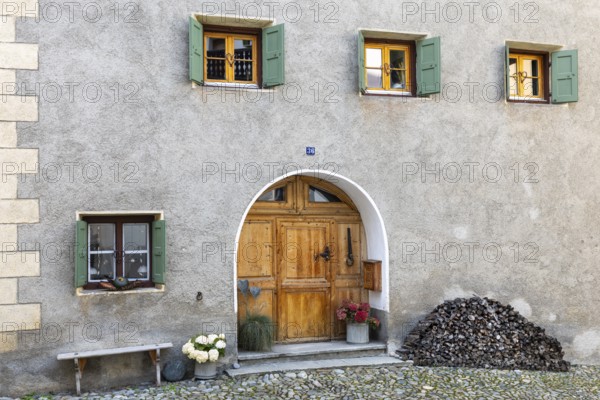 Engadin house, doors, windows, historic houses, Guarda, Engadin, Graubünden, Switzerland