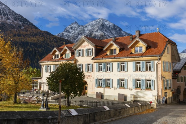 Hotel Meisner, historic houses, Piz Mezdi, Piz d'arpiglias, autumn, Guarda, Engadin, Graubünden, Switzerland