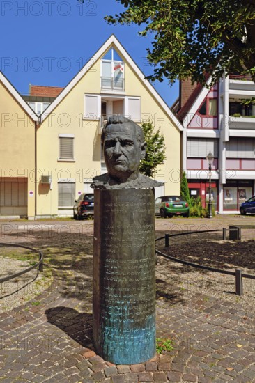 Ettlinge, Germany - August 13th 2025: Bronze bust of German politician and mayor of Ettlingen Hugo Rimmelspacher