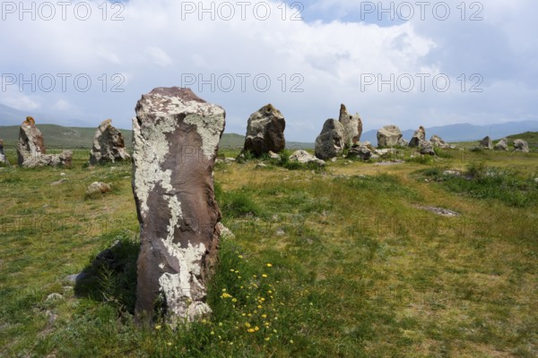 Stone pillars in a natural meadow under a blue sky, stone circle, megaliths, Zorats Karer, Karahundsch, Bronze Age burial ground, Sisian, Sissian, Syunik province, historical Sangesur, Armenia