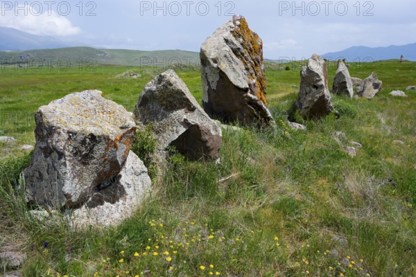 Stone formations on a green meadow under a blue sky with clouds, stone circle, megaliths, Zorats Karer, Karahundsch, Bronze Age burial ground, Sisian, Sissian, Sjunik province, historic Sangesur, Armenia