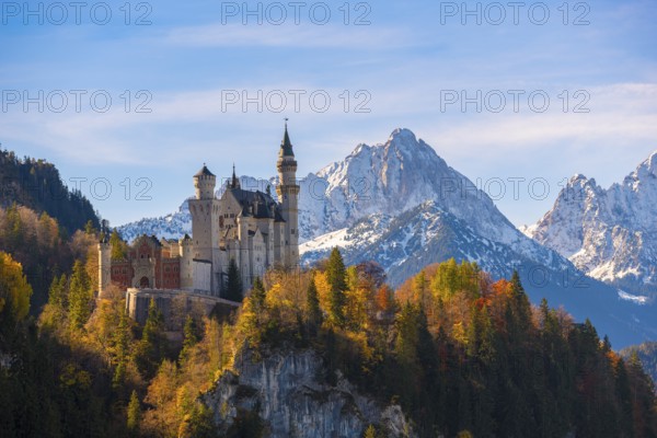 Neuschwanstein Castle rises impressively against a snowy mountain backdrop, surrounded by autumnal forest, Schwangau near Füssen, Ostallgäu, Allgäu, Bavaria, Germany
