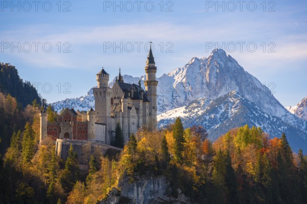 The picturesque Neuschwanstein Castle between autumnal forest and dramatic snowy mountain ranges of the Alps, Schwangau near Füssen, Ostallgäu, Allgäu, Bavaria, Germany