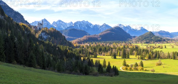 Panoramic picture, vast green landscape with Neuschwanstein Castle and snow-capped mountains in the distance, Schwangau near Füssen, Ostallgäu, Allgäu, Bavaria, Germany