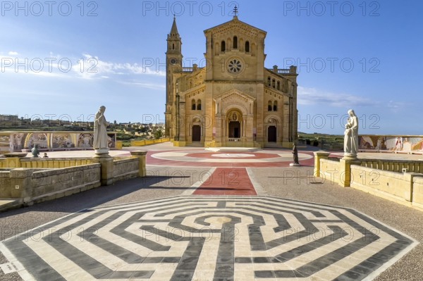 View of graphically designed forecourt of Sanctuary National Shrine Madonna Ta' Pinu Basilica in neo-Romanesque style, Basilica of the Blessed Virgin of Ta Ta' Pinu, Gharb, Gozo Island, Malta