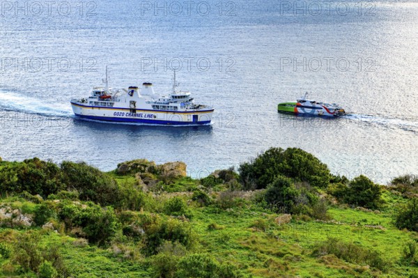 Left car ferry right fast passenger ferry high-speed ferry for passenger traffic Highspeed ferry for crossing the islands of Gozo and Malta, Gozo, Malta