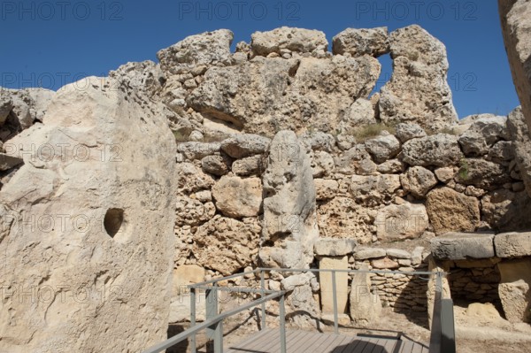 View of remains of chamber room and wall in Ggantija temple, UNESCO World Heritage Site, Gozo, Malta