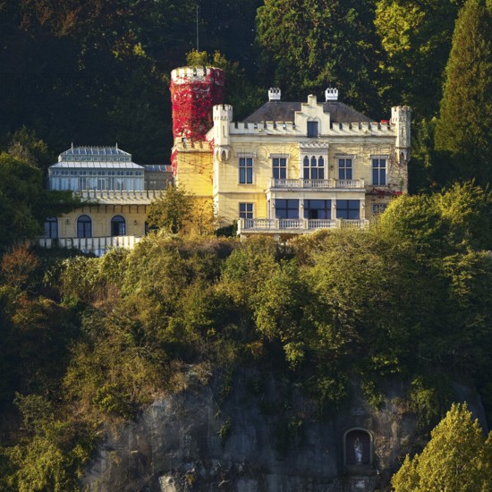 Marienfels Castle with Maria figure in a crevice, former residence of entertainer Thomas Gottschalk, Remagen, Rhineland-Palatinate, Germany