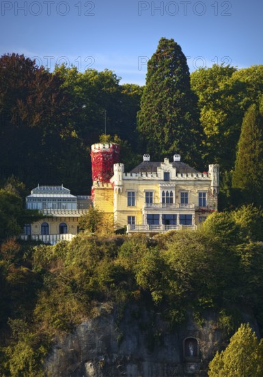 Marienfels Castle with Maria figure in a crevice, former residence of entertainer Thomas Gottschalk, Remagen, Rhineland-Palatinate, Germany