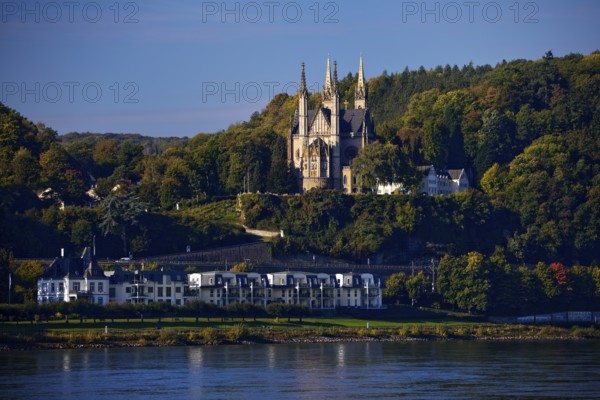 Pilgrimage Church of St. Apollinaris, also Apollinaris Church on the Apollinarisberg in Remagen with the river Rhine, Rhineland-Palatinate, Germany