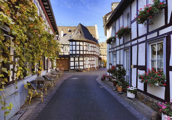 Enge gasse with half-timbered houses in the old town of Unkel, Rotweinstadt, Neuwied district, Rhineland-Palatinate, Lower Middle Rhine, Rhineland, Germany