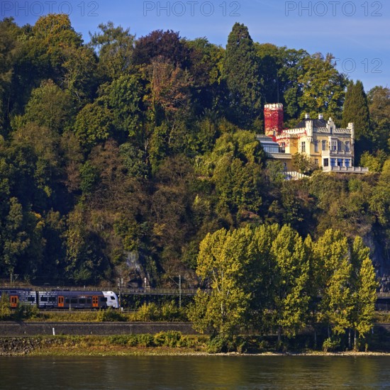 Marienfels Castle with Rhine and regional train from National Express Rhine, Remagen, Rhineland-Palatinate, Germany