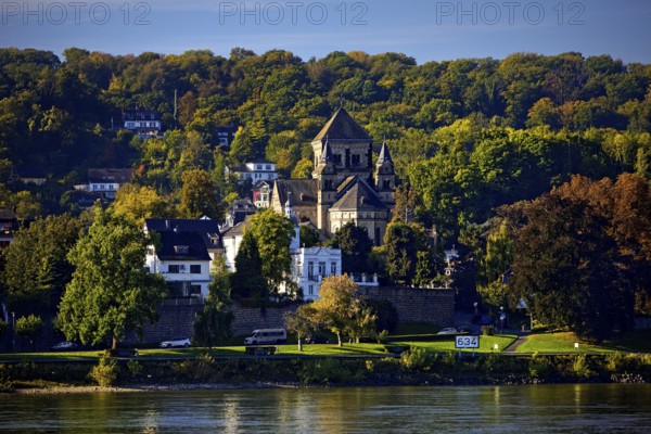 Catholic church of St. Peter and Paul in Remagen with the river Rhine at kilometer 634, Rhineland-Palatinate, Germany