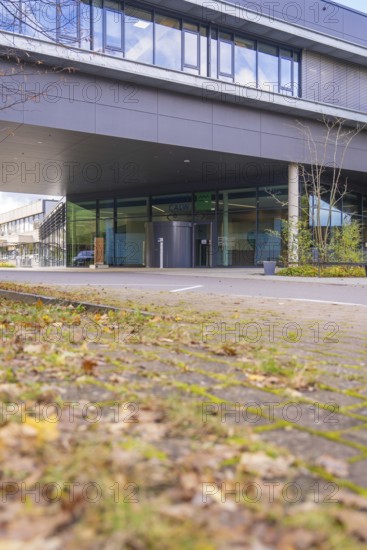 Modern building with glass façade in autumn surroundings, flat roof, Calw District Office, Calw, Germany