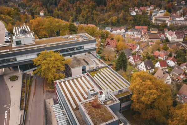 Aerial view of buildings with distinctive roofs and autumn-colored landscape, Calw District Office, Calw, Germany