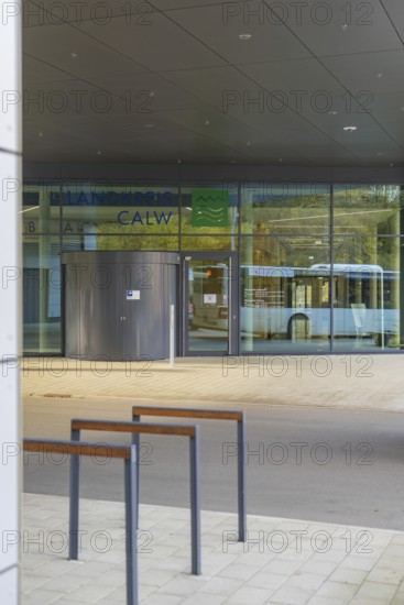 Front view of a modern office building with large windows near Calw district, Calw district office, Calw, Germany