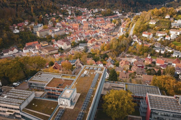 City view with various buildings, river and autumn trees from above, Calw District Office, Calw, Germany