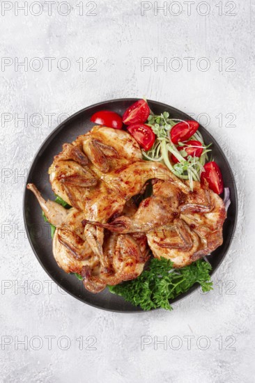 Baked quail, served on a plate with crispy lettuce leaves, fresh tomatoes and herbs, on a dark plate, homemade