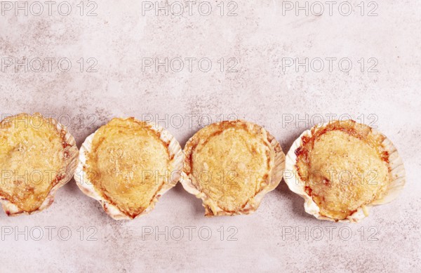 Scallop, baked in shells, with cheese and spices, on the table, homemade