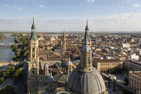 Rooftops of cathedral church Basilica of Our Lady of the Pillar, city centre of Zaragoza, Aragon, Spain