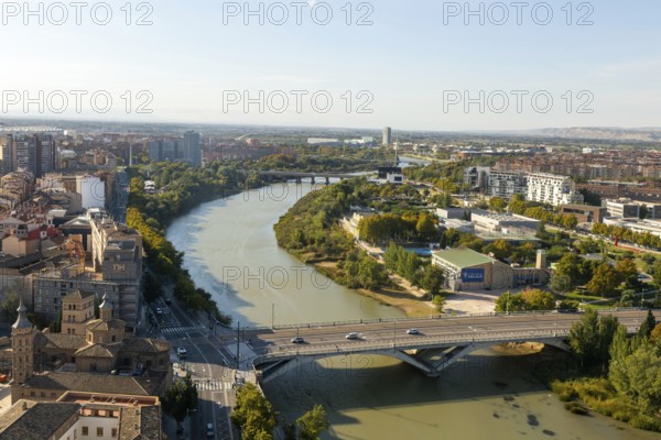 View looking down of modern bridge Puente de Santiago spanning the River Ebro, Zaragoza, Aragon, Spain
