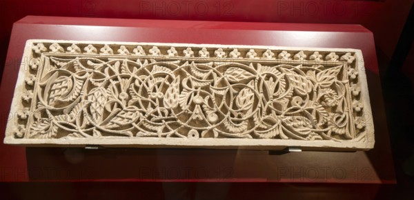 Ornate craved Moorish stonework on display, Aljafería Palace, Zaragoza, Aragon, Spain