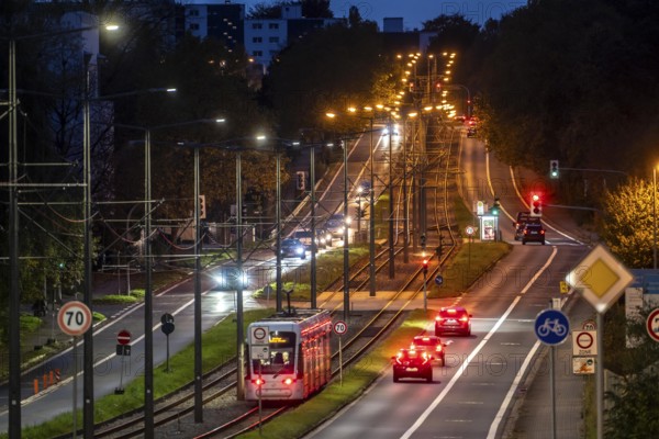 Bogestra tram, line 305, on the Wattenscheider Hellweg, tram line in the middle of the street, street lighting, North Rhine-Westphalia, Germany